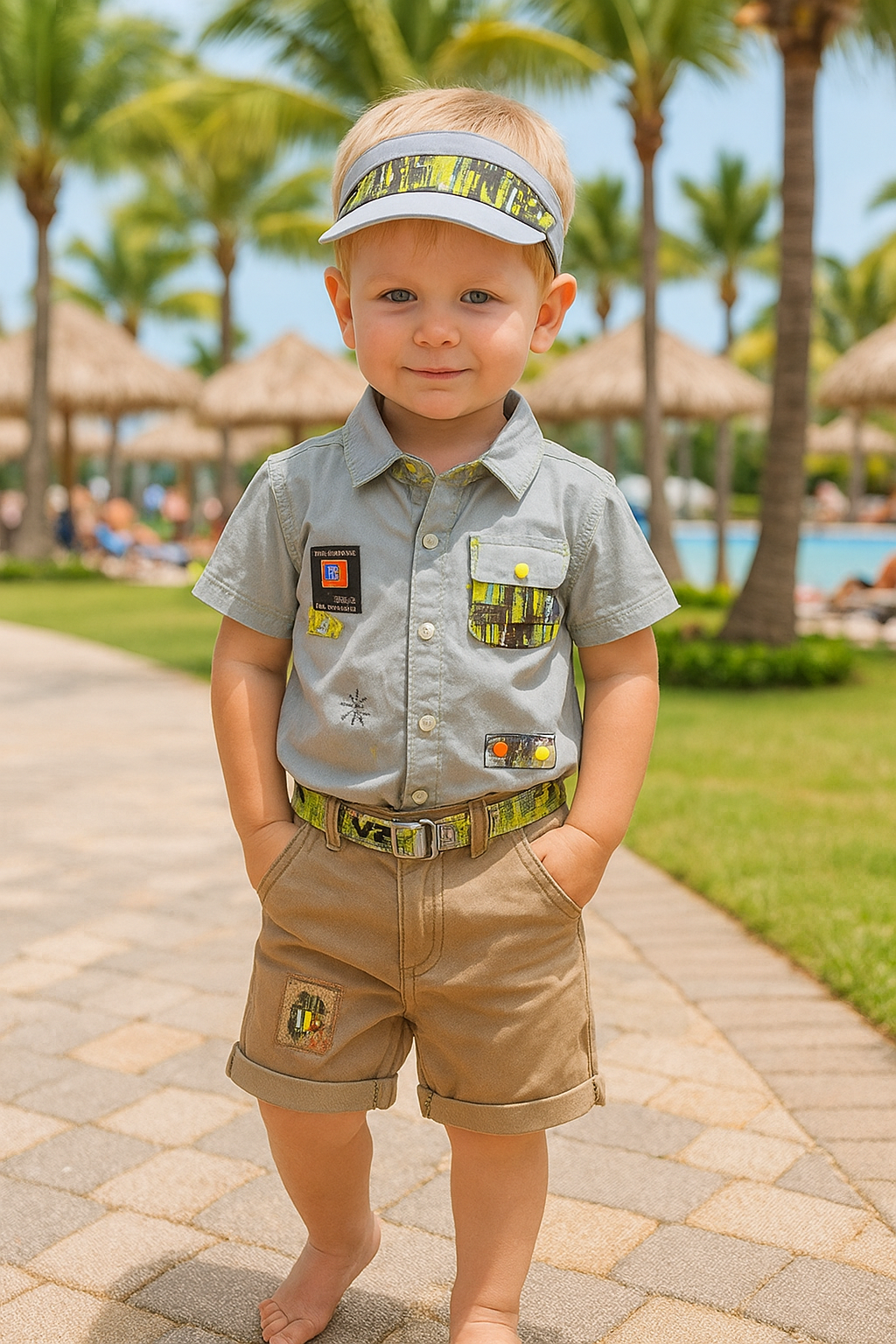 Ensemble garçon 3 pièces chemise, short jean et casquette